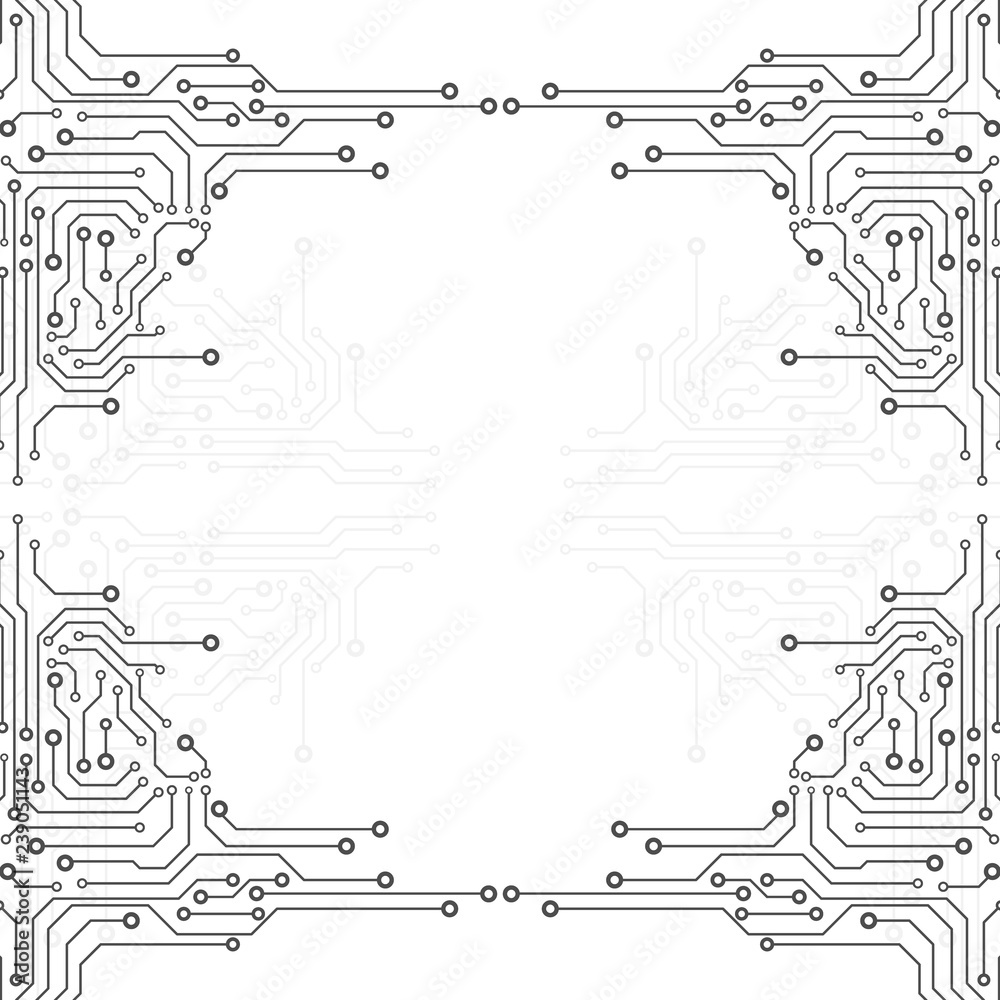 Poster Circuit Board Technology Information Pattern Concept Vector Background. Grayscale Color Abstract PCB Trace Data Infographic Design Illustration.