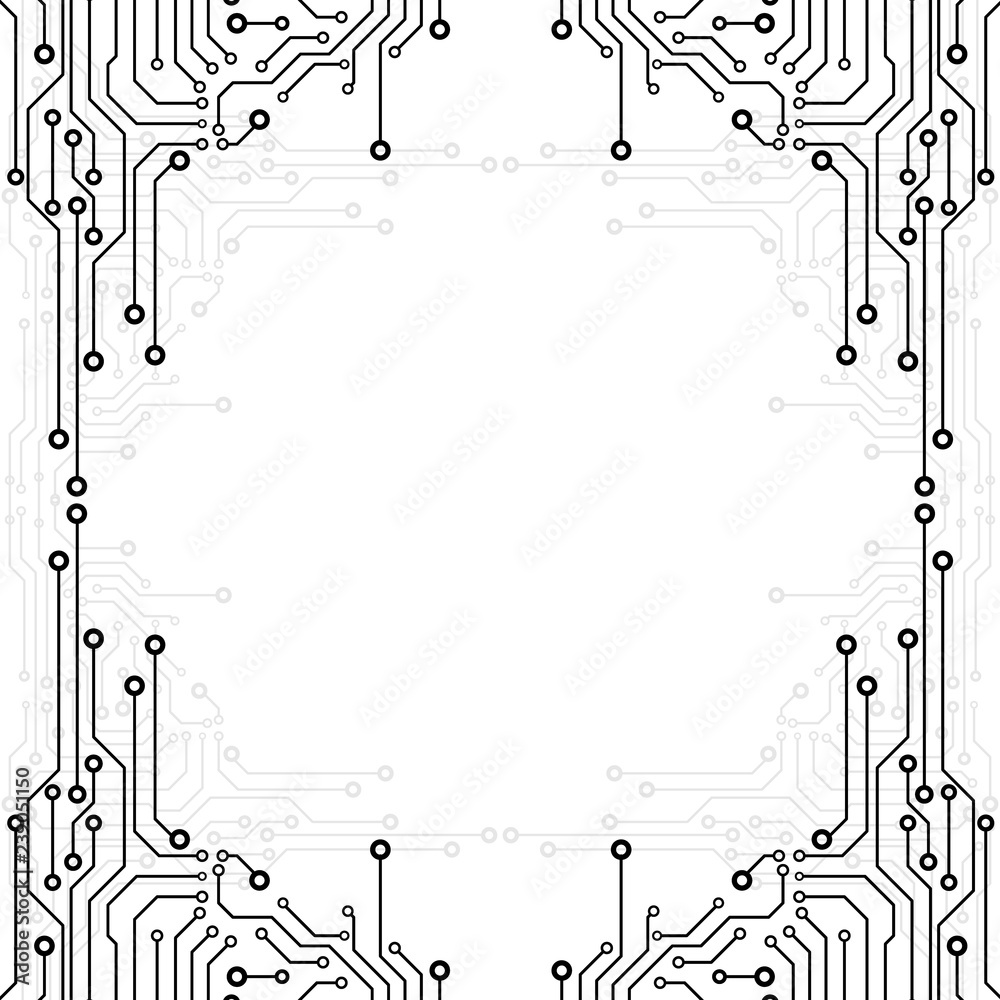 Poster Circuit Board Technology Information Pattern Concept Vector Background. Grayscale Color Abstract PCB Trace Data Infographic Design Illustration.
