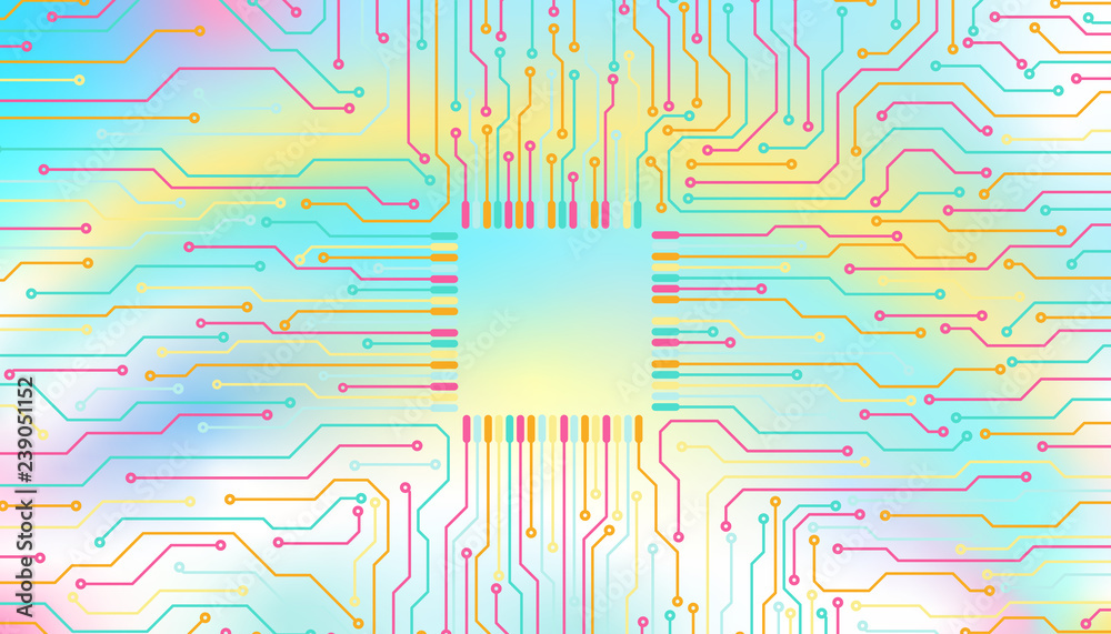 Poster Circuit Board Pastel Color CPU Microprocessor Data Transfer Technology Information Concept Vector Background.