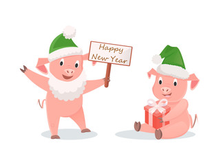 New Year Pigs with Gift Box and Greeting Signboard