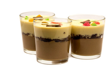 Chocolate dessert in glasses. Chocolate mousse or pudding in portion glasses with  close up. Desserts for business meeting conference concept