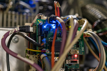 Mother board and core processors details, big data storage technology, cloud business and crypto currency concept. Microchips and small led lights indicate traffic volume and powering issues.