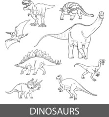 Set of vector black and white dinosaurs. Coloring book for children.