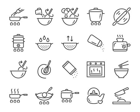 set of cooking icons, such as bake, boil, heat, fries, mixer