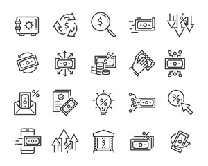 set of money line icons, such as currency, finance, digital, percent