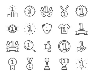 set of award line icons, such as star, champion, prize, acheivement, winner, trophy, glory, certificate, one ,first