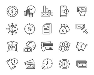 set of money line icons, such as currency, finance, digital, percent