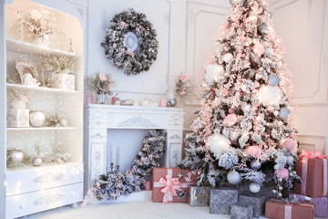 Christmas room interior with a beautiful Christmas tree and gifts