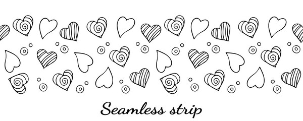 Seamless strip. Border from different hearts and bubbles. In isolation. Black and white pattern.