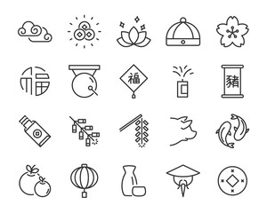 chinese new year icons set, such as new year 2019, firework, gold, coin, moon