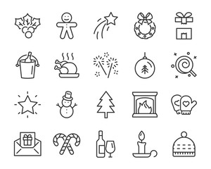 set of chistmas line icons, such as box, gift, winter
