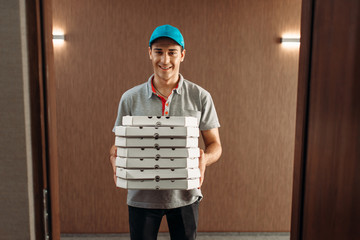 Pizza delivery man with boxes, delivering service
