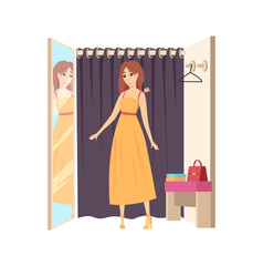 Woman Client in Changing Room Shopping Vector