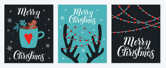Merry Christmas and Happy New Year postcard collection on dark background