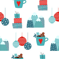 Seamless pattern with christmas stuff. Mug, gifts, balls, mountains.