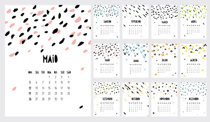 Handwritten Vector Calendar. 2019 Year. Monthly Portuguese Calendar. Colorful Simple Infantile Design. Childish Style Graphic. Brushed Dots, Stripes, Arcs and Crosses. Bright Multicolor Abstract Art.