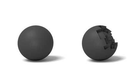 3d rendering of two isolated black round balls standing near each other, one whole and another half-broken.