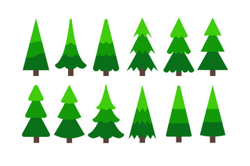 Christmas tree collection. Vector flat icons. Green fir trees. Isolated objects