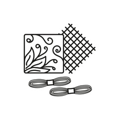 Black & white vector illustration of embroidery needlework kit with thread, fabric, pattern. Line icon of cross stitch beginner set. Isolated object