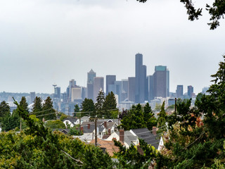 Skyline of Seattle from residential neighborhood on overcast day - obrazy, fototapety, plakaty