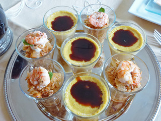 Top view of finger foods with shrimps, fois gas sauce balsamic idea for party Christmas'Eve, New year, party  