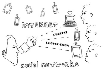 The organization of protests, provocations, discontent of the crowd through the Internet and social networks. Illustration, design element, media