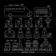 Self drive delivery robot vehicle line icon set on a black background. Future autonomous van, drone, sidewalk robocourier and truck car editing outline symbol.