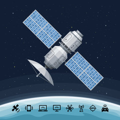 Obraz na płótnie Canvas Space communication flat satellite orbiting the earth. Concept with GPS radar, solar panel and dish on a background.