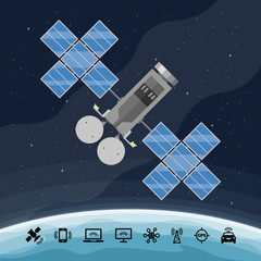  Vector illustration of flat isolated satellite with GPS radar station, solar panel and dish in space.