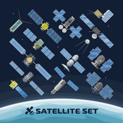  Flat vector isolated illustration of communication satellite on a space background. Wireless global net terchnology of telecom with icon set.