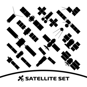 Vector Isolated Silhouette Of Connection And Reconnaissance Satellite With Radar, Solar Panel And Dish On A White Background.