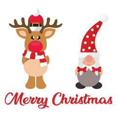 cartoon winter christmas deer and cartoon christmas dwarf girl and christmas text