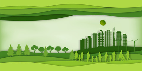 Paper art , cut and craft style of green eco urban city with people and nature cityscape background as Ecology design and environment conservation creative idea concept. Vector illustration.