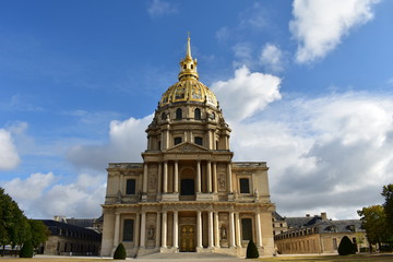 Invalides, Paris, France. Facade closeup, columns and golden dome. Tomb of Napoleon Bonaparte.