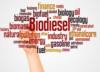Biodiese word cloud and hand with marker concept