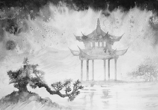 Chinese, Japanese ink painting, weather, nature, landscape, bonsai, Feng Shui. rainy day.