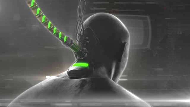 Plugged in. Human or cyborg connected to computer system, brain under control. Futuristic technology, plugged into network, artificial intelligence, robots