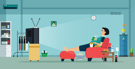 Fat women are watching television with food and drink.