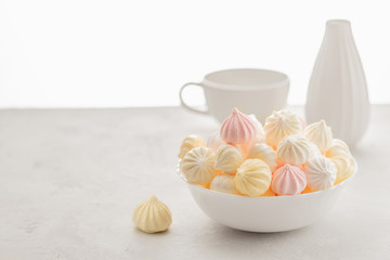 sweet marshmallow in the cup, delicious dessert, vase on white background