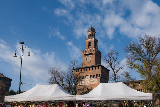 Castello Sforzesco on a sunny winter day for the fair of "Oh bej! Oh bej!"