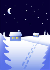 Winter landscape, night in the village, Christmas night with stars in the sky vector eps10