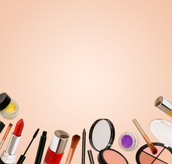 Set of makeup items with banner copy space