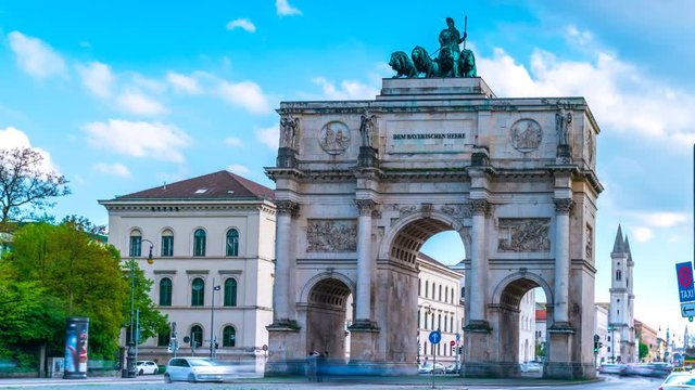 The Siegestor Victory Arch in Munich Germany at sunny day. Timelapse Hyperlapse footage view in 4K.