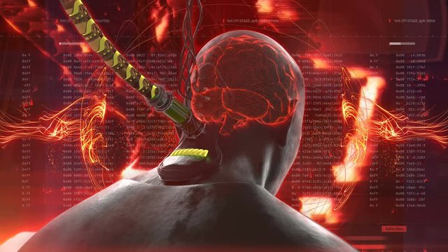 Person's brain plugged into system. Illusion of choice, global control, puppet. Futuristic technology, plugged into network, artificial intelligence, robots