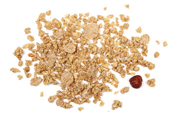 Crunchy granola, muesli pile with nuts isolated on white background, top view