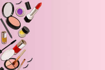 Makeup Items falling on banner template with copy space