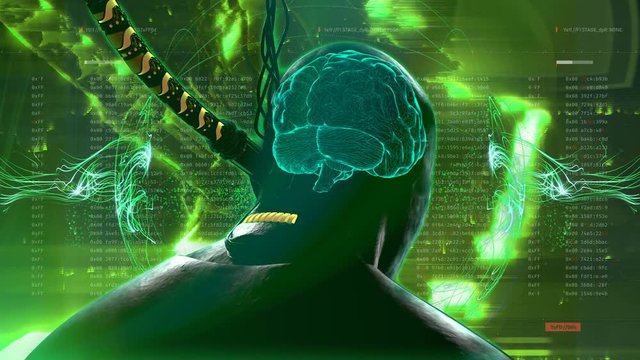 Futuristic human connected to global network. Brain upgrade, memory boost. Futuristic technology, plugged into network, artificial intelligence, robots