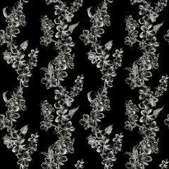 Hand drawn charcoal pencil illustration flowers of the white and gray pulm blossoms. Beautiful elegant seamless pattern in graphic style on a black background