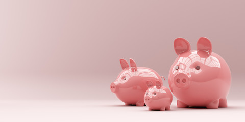 Three pink pigs on a pink background. 3d rendering. Abstraction for advertising. © 3dddcharacter