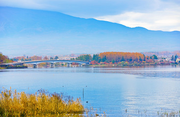 View of the Lake Kawaguchi in autumn in Japan.